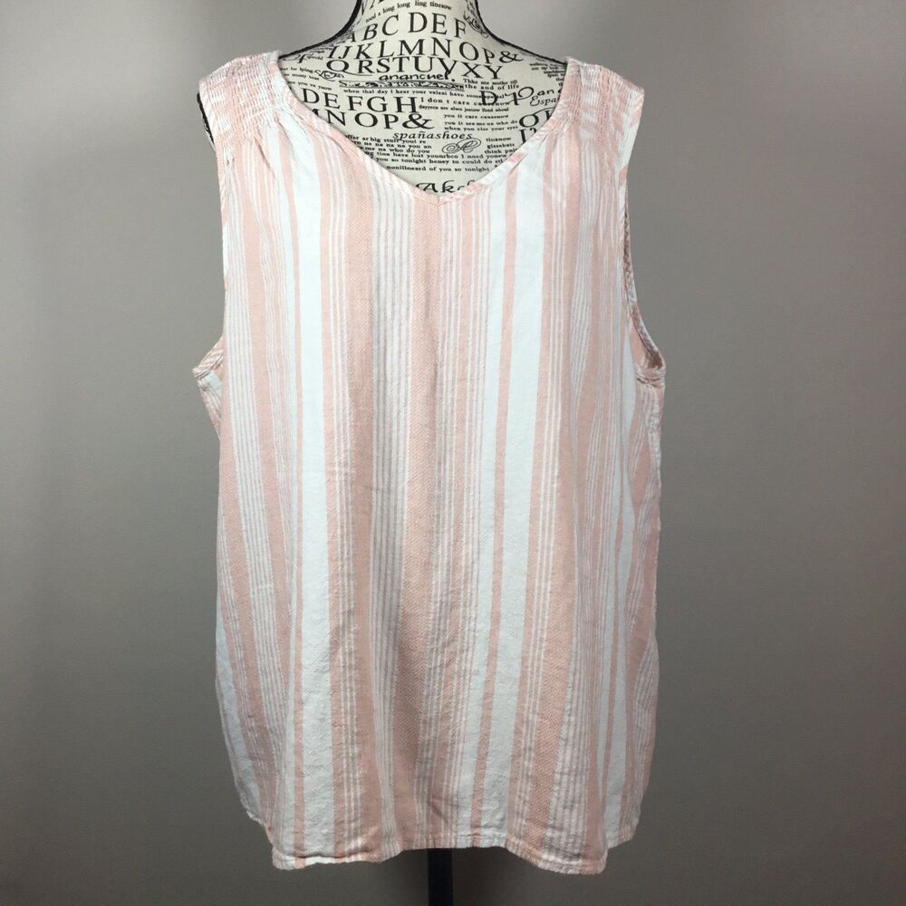 Linen blend peach and white tank top vee neck coastal Cowgirl beachy summer XXL